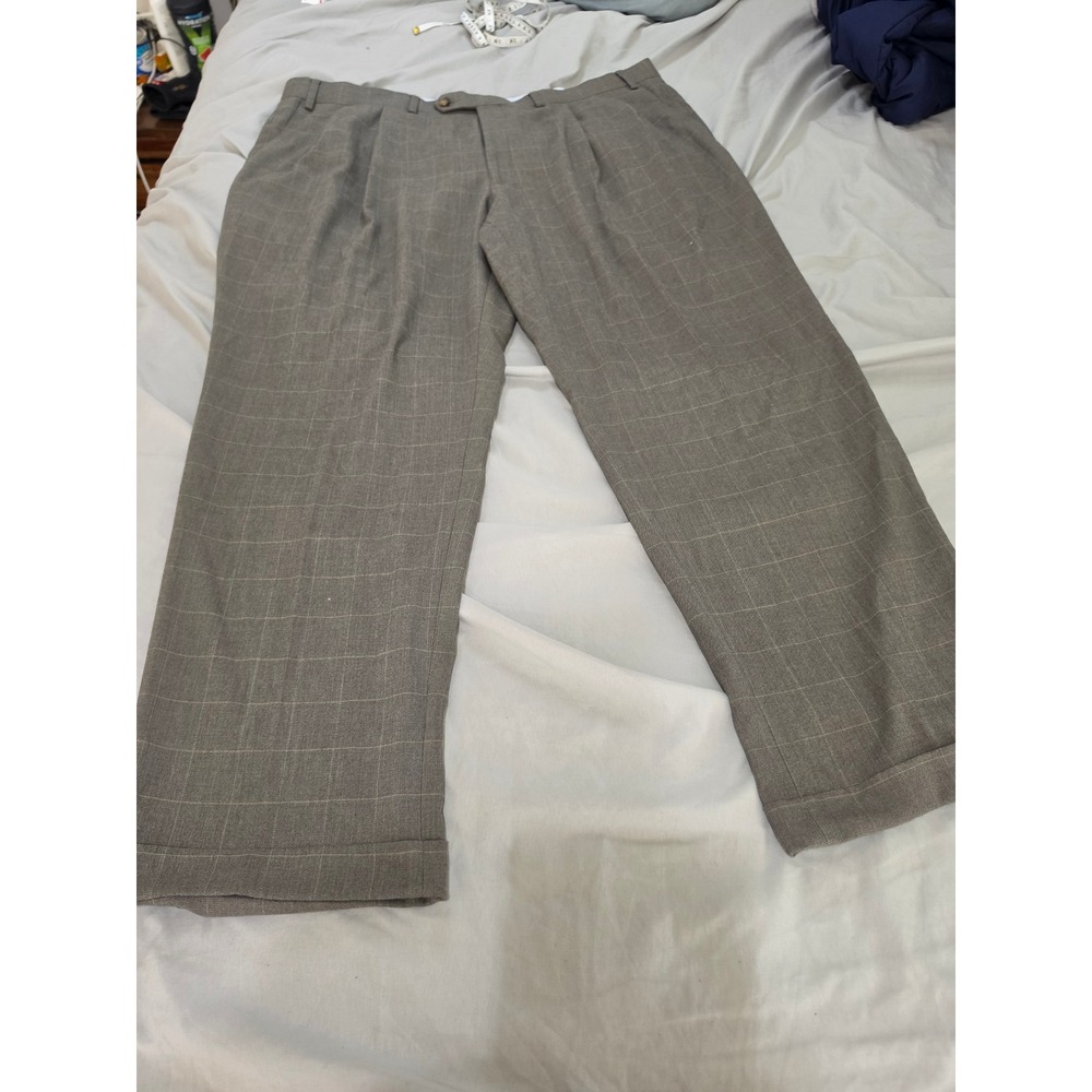 Ralph Lauren Mens Tan Windowpane Plaid‎ Pleated Cuffed Dress Pants 40x29 Brown